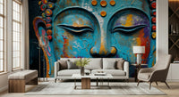 Muted grey Buddha face mural in a contemporary apartment living room.