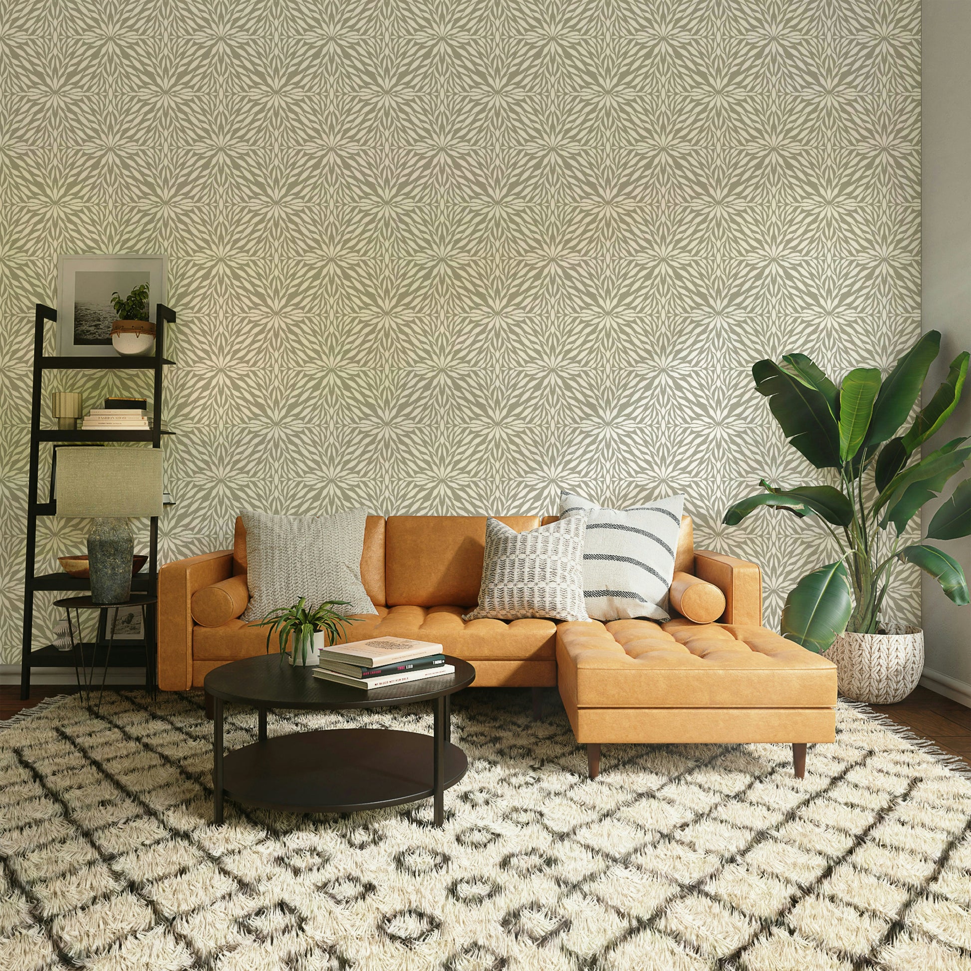 Modern botanical mural in muted natural tones

