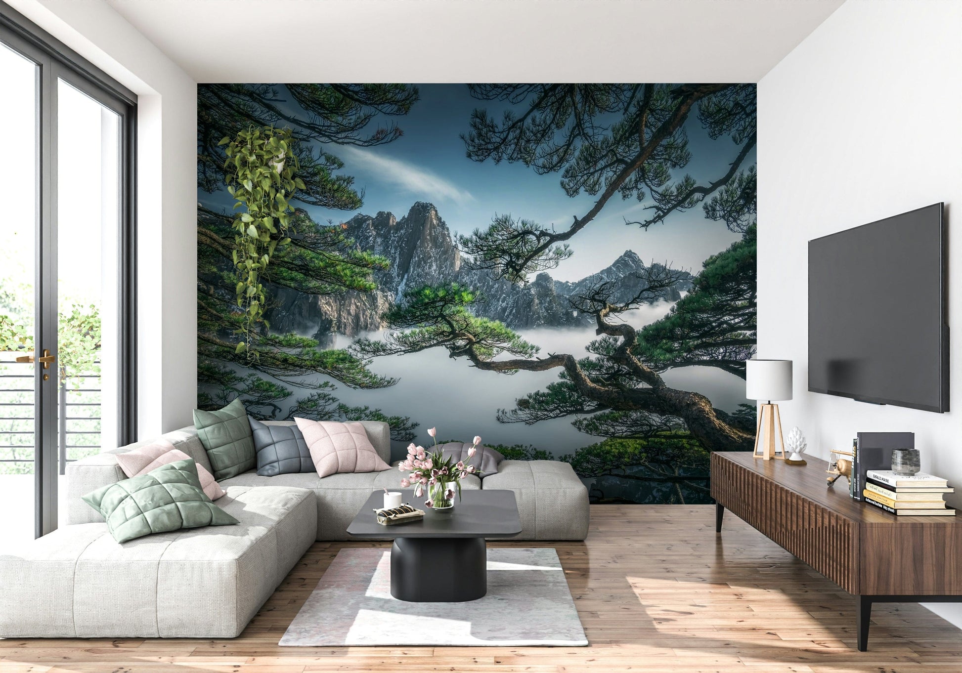 Alpine scenery Zenith Peak View misty cliff face peel and stick.