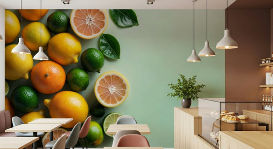 Zesty Citrus Splash mural of lemons limes and oranges on sage green in a cafe with a pastry case