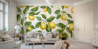 Close-up of a bright lemon and leaf pattern

