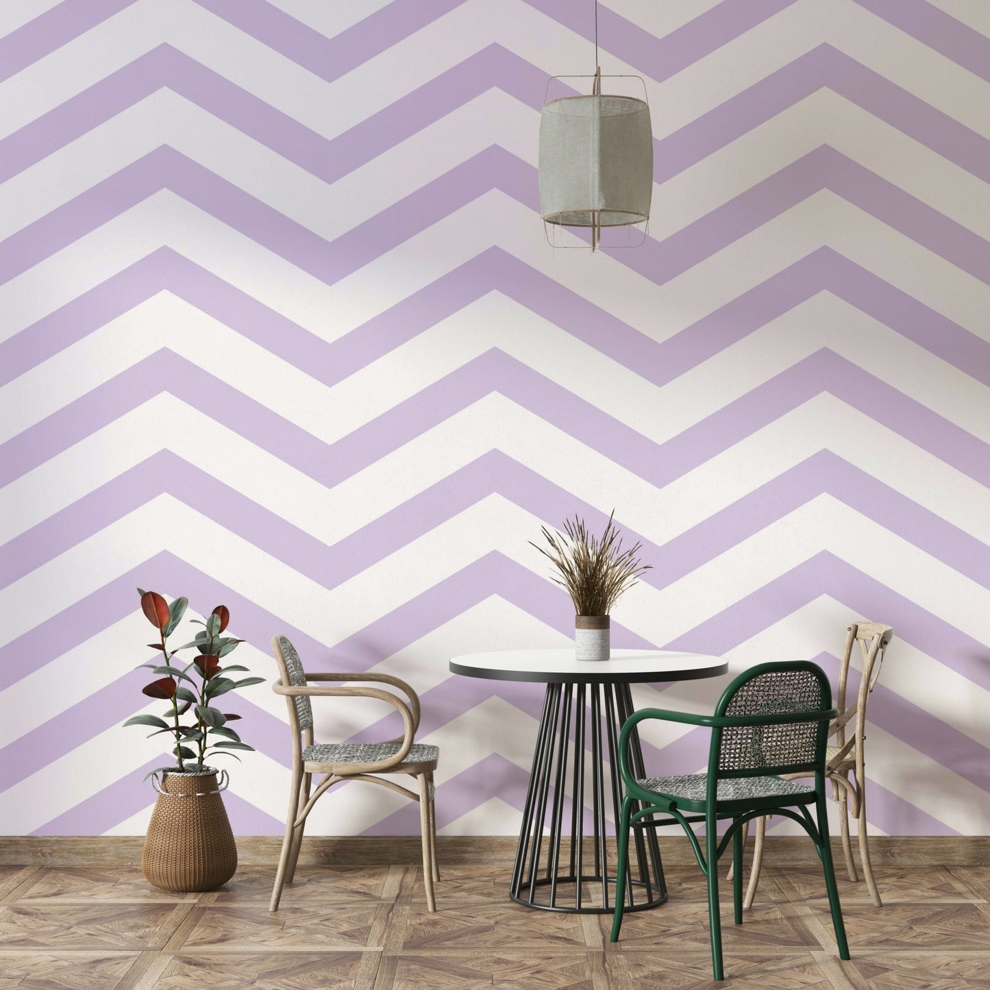 Wallpaper with minimalist lilac zigzag motif for cozy rooms.

