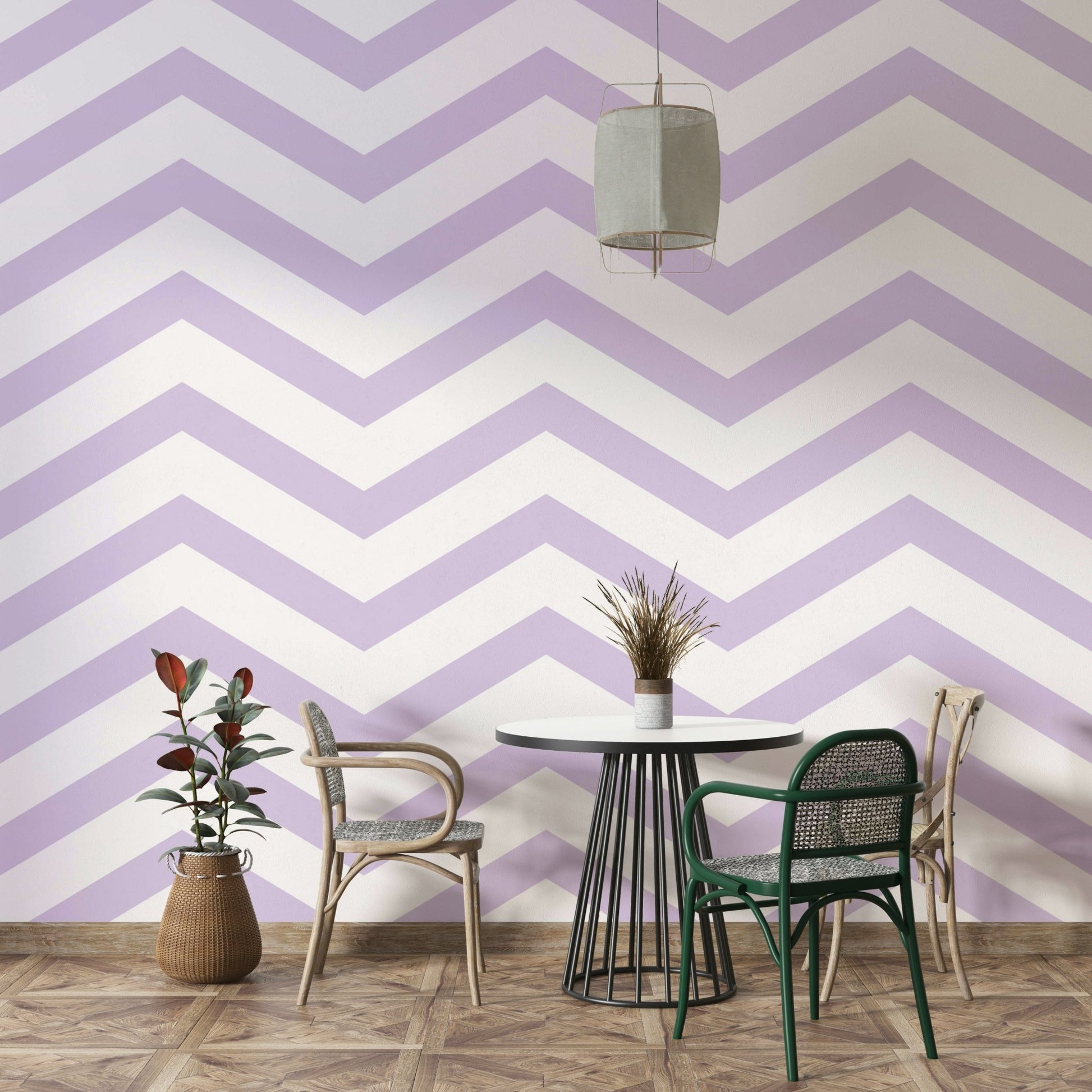 Wallpaper with minimalist lilac zigzag motif for cozy rooms.


